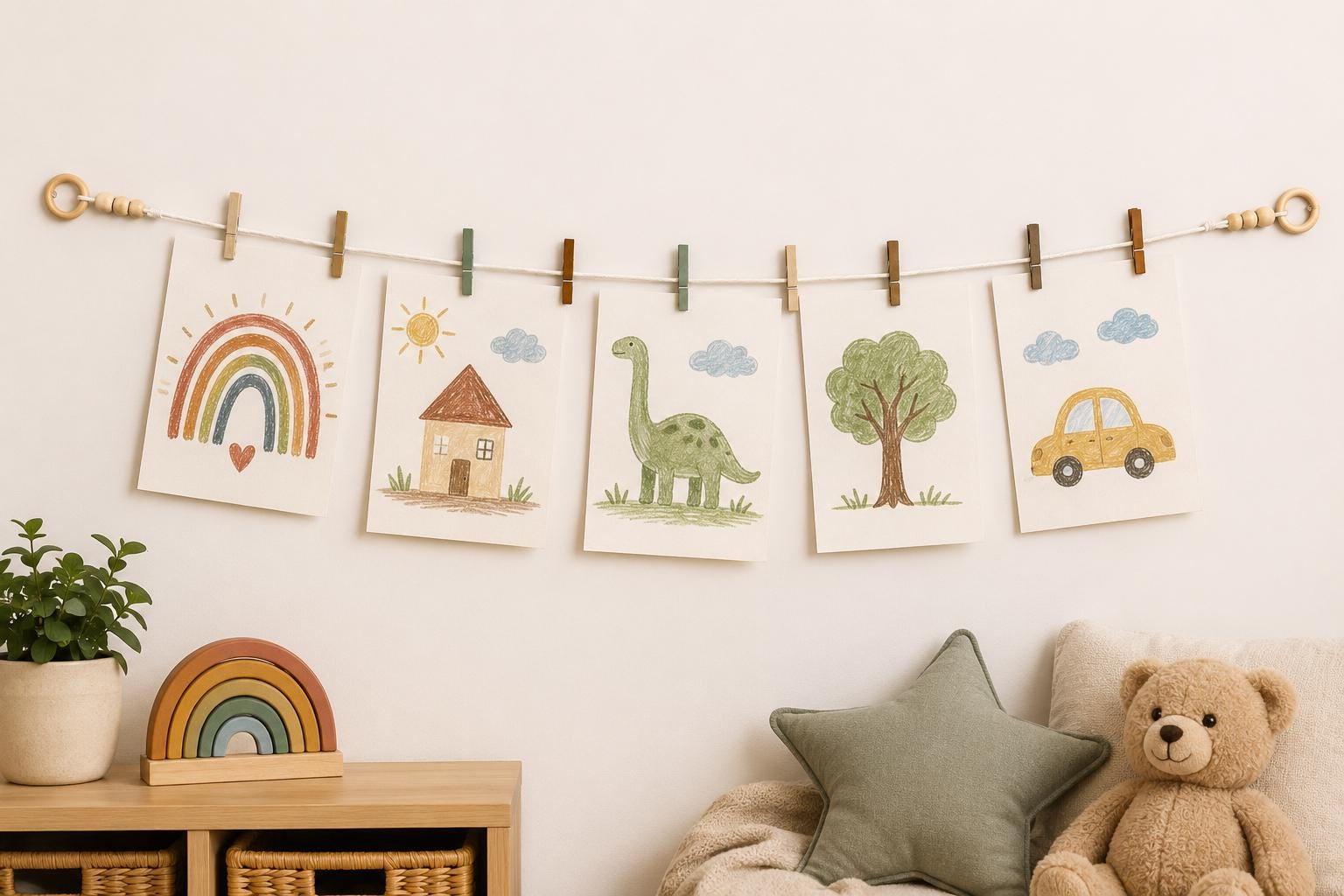 Woodland Clothespin Garland | Kids Artwork Display, Photo Holder, woodland Nursery Decor displayed with children's artwork