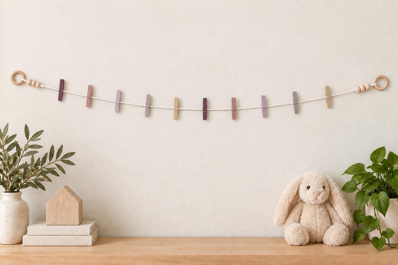 Kids Art Display Garland, Lavender Mauve Artwork Holder, Kids Room Wall Decor displayed with children's artwork