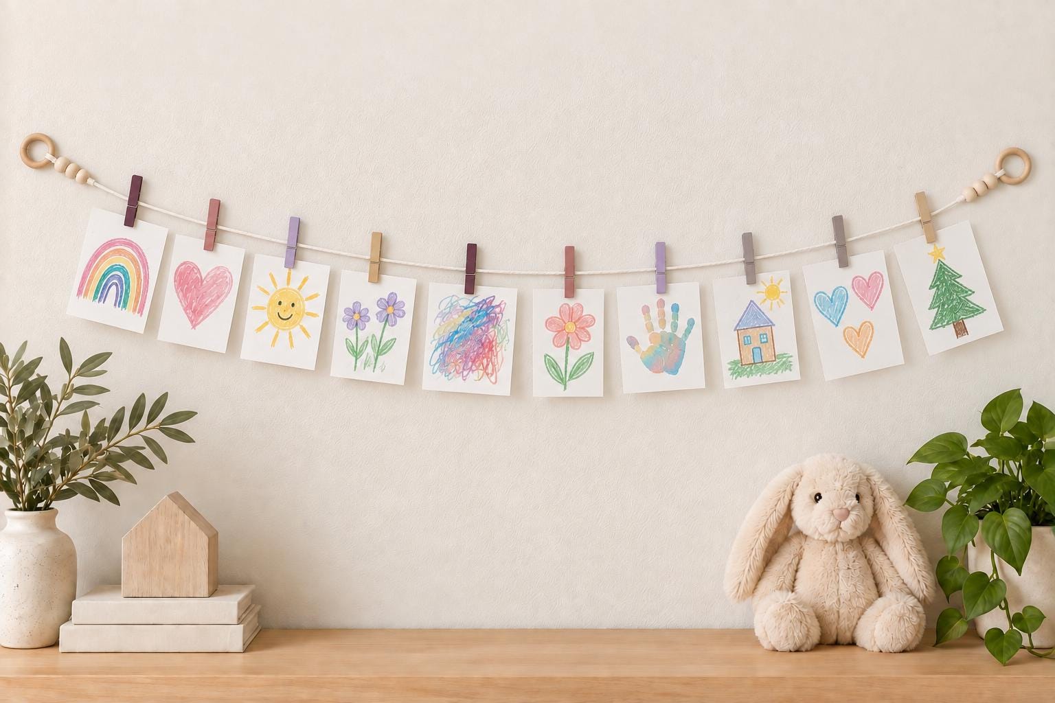 Kids Art Display Garland, Lavender Mauve Artwork Holder, Kids Room Wall Decor, product view 2