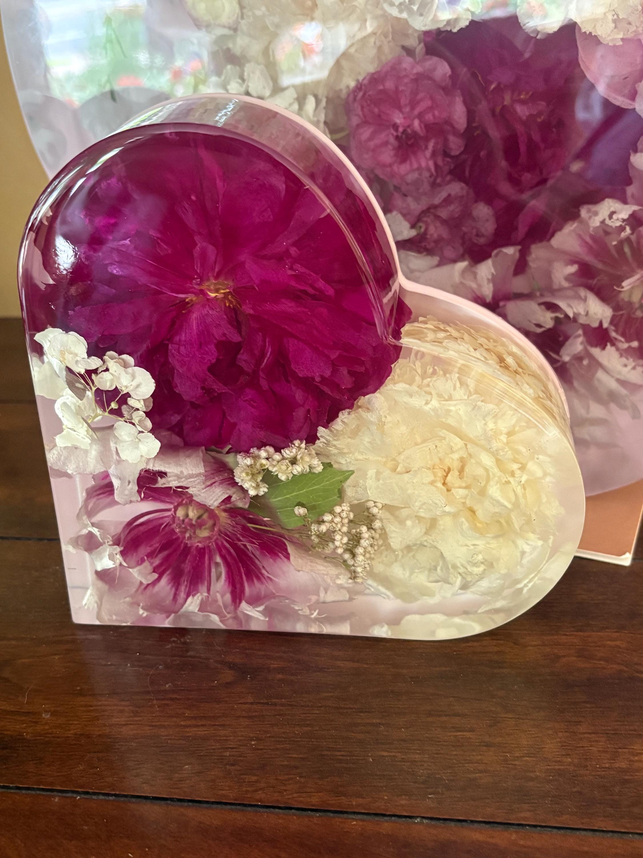 Preserved Flower Resin Heart Keepsake: Magenta Peony, White Florals, Memorial Decor