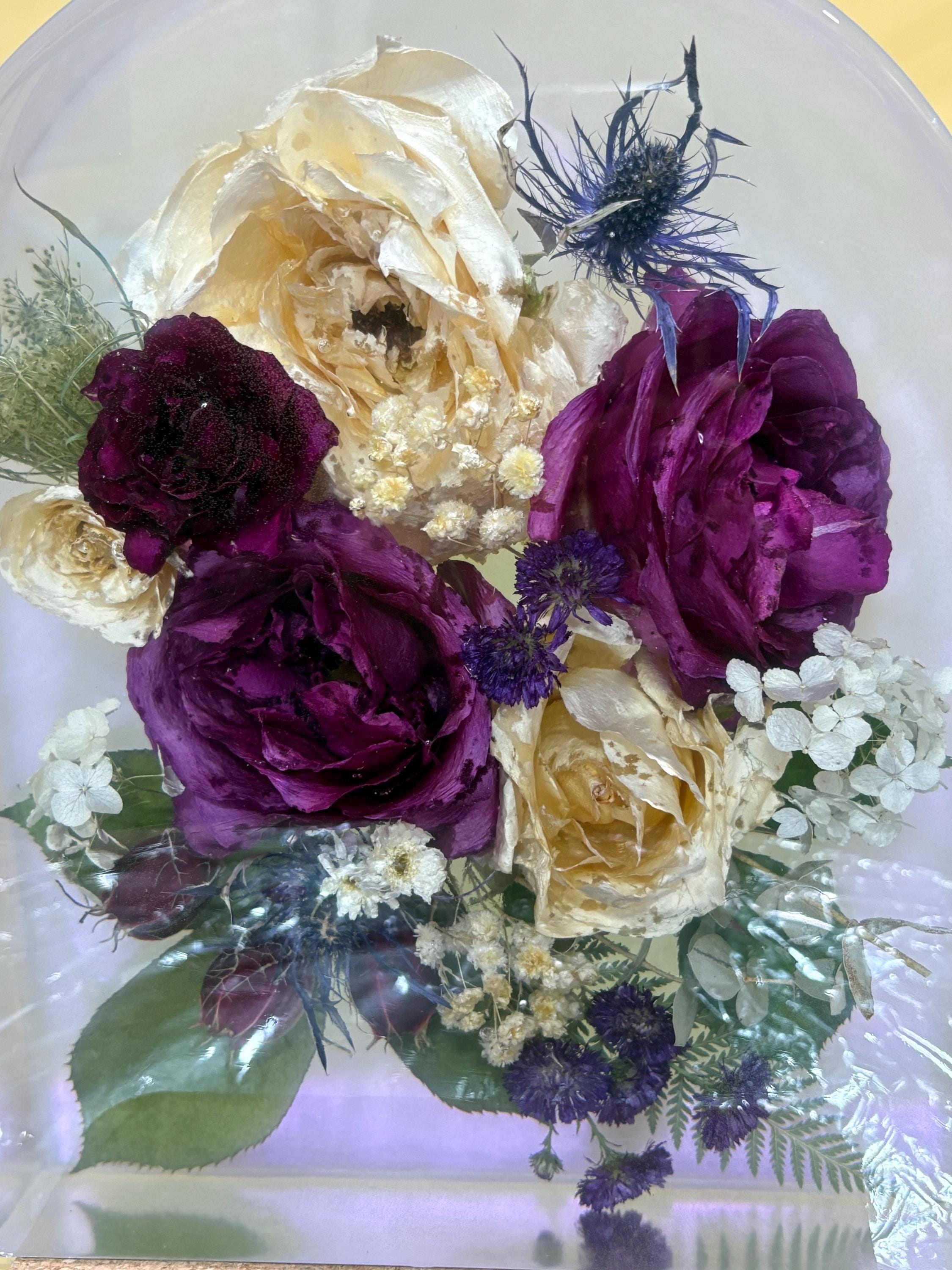 Purple & Ivory Dried Flower Resin Art – Floral Preservation Arch 10x8x3