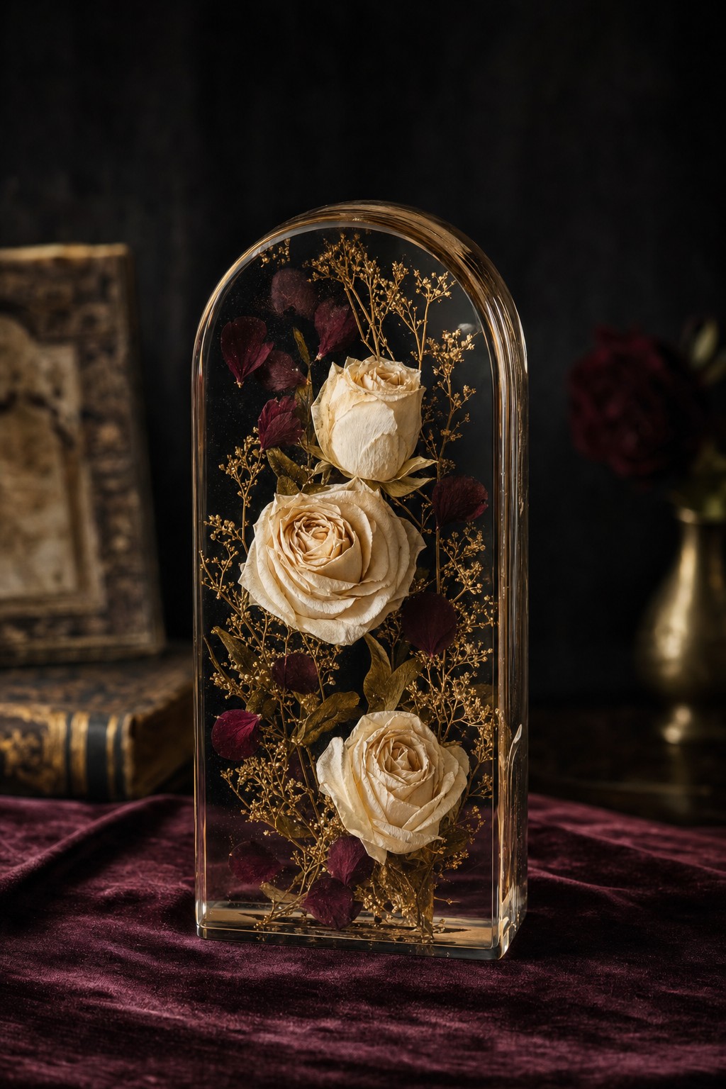 Clear resin arch with cream roses and burgundy petals