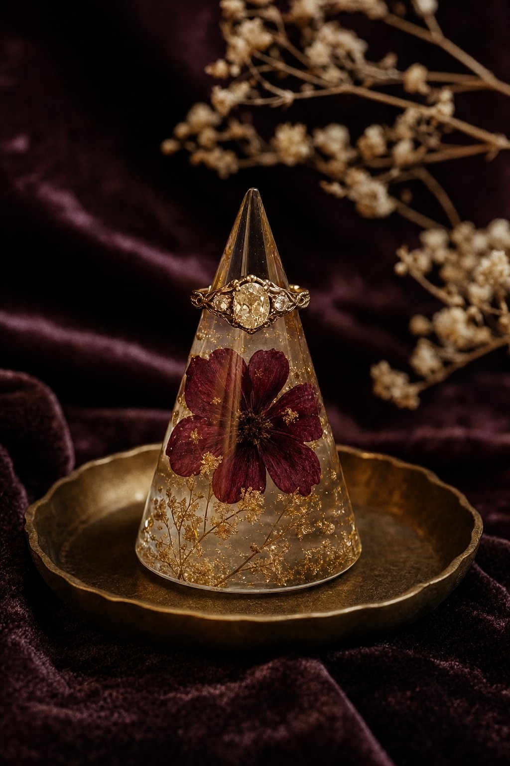 Resin ring holder with a pressed burgundy flower