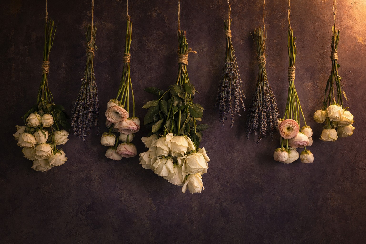 Small wedding flower bundles drying upside down in a dark studio