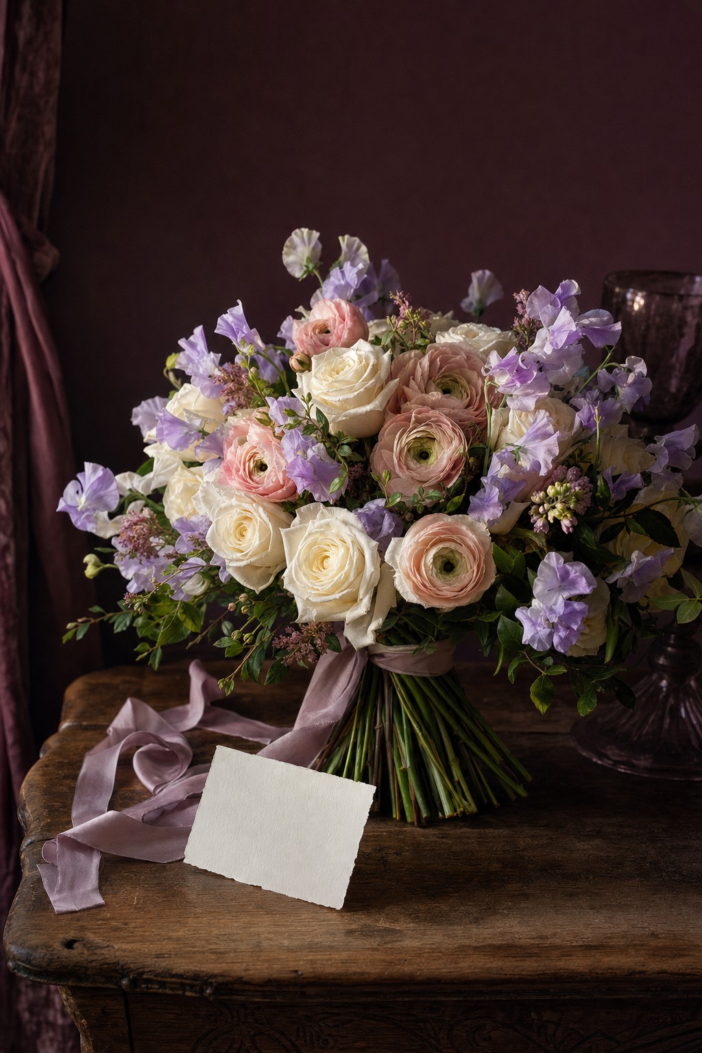 Wedding bouquet in warm gallery light