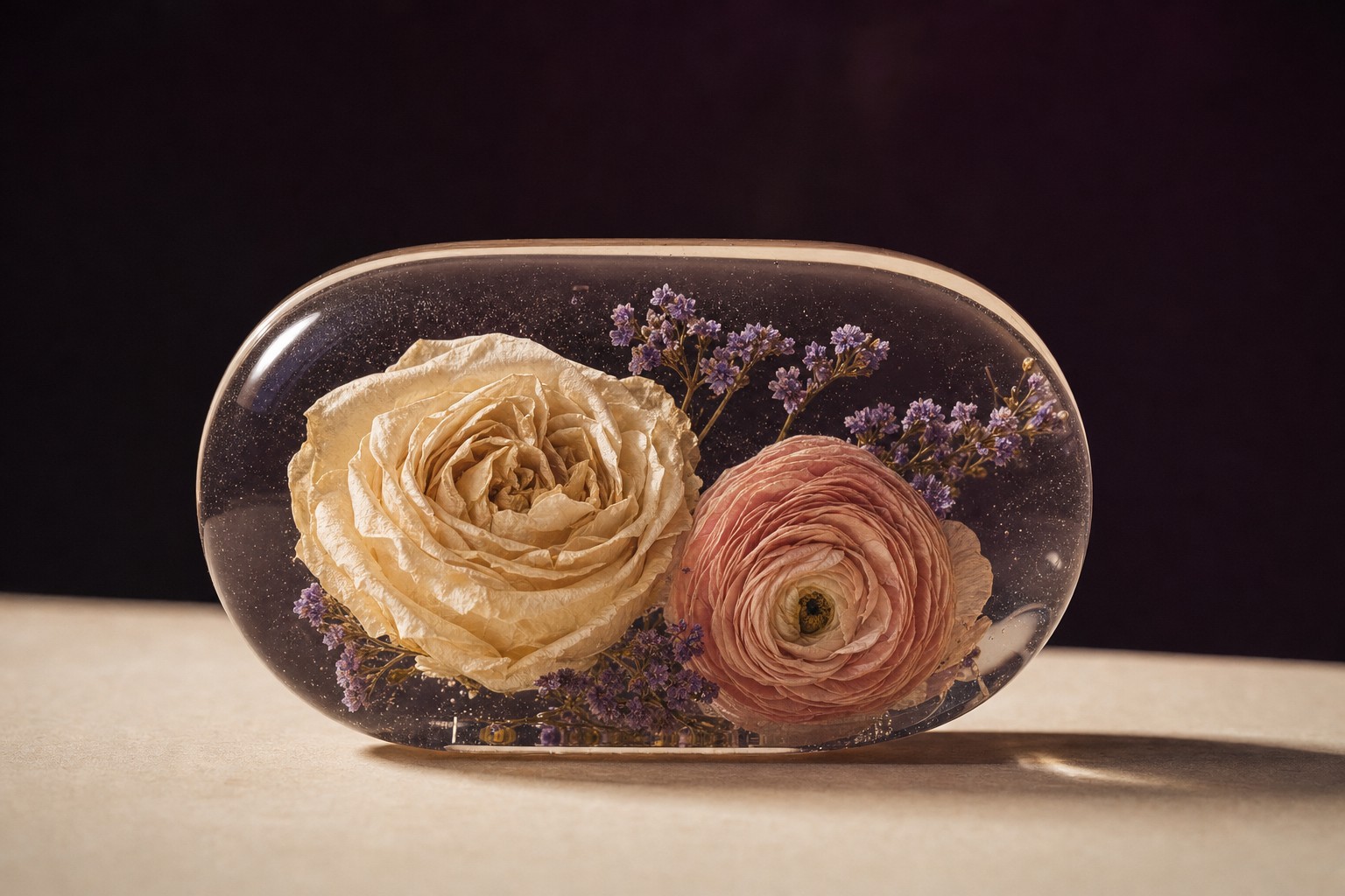 Dried wedding flowers arranged in a clear resin keepsake