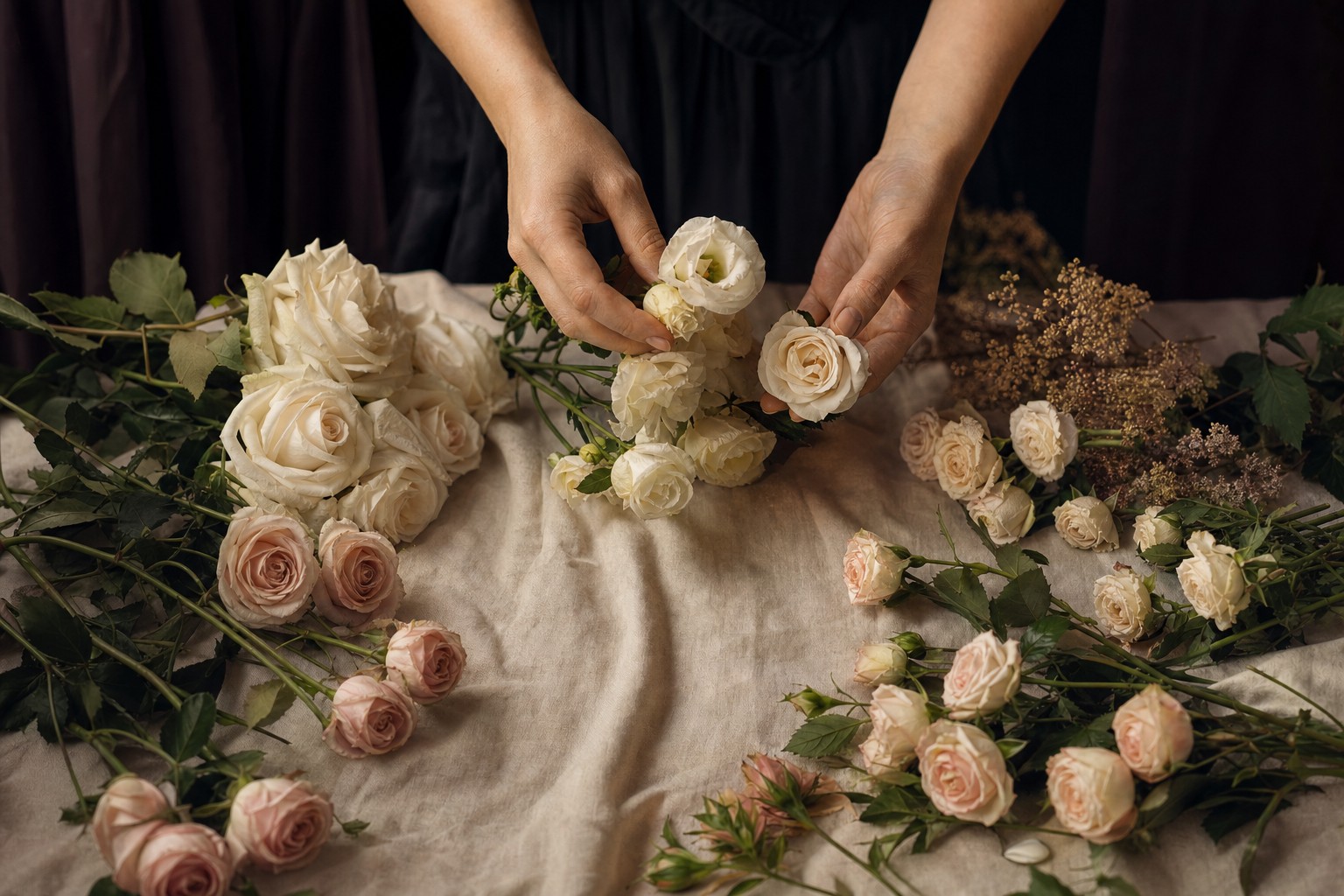 Hands selecting meaningful wedding flowers on a linen surface