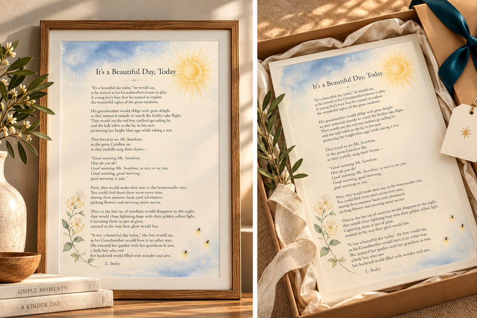 It’s a Beautiful Day, Today poem styled in a room and as a gift