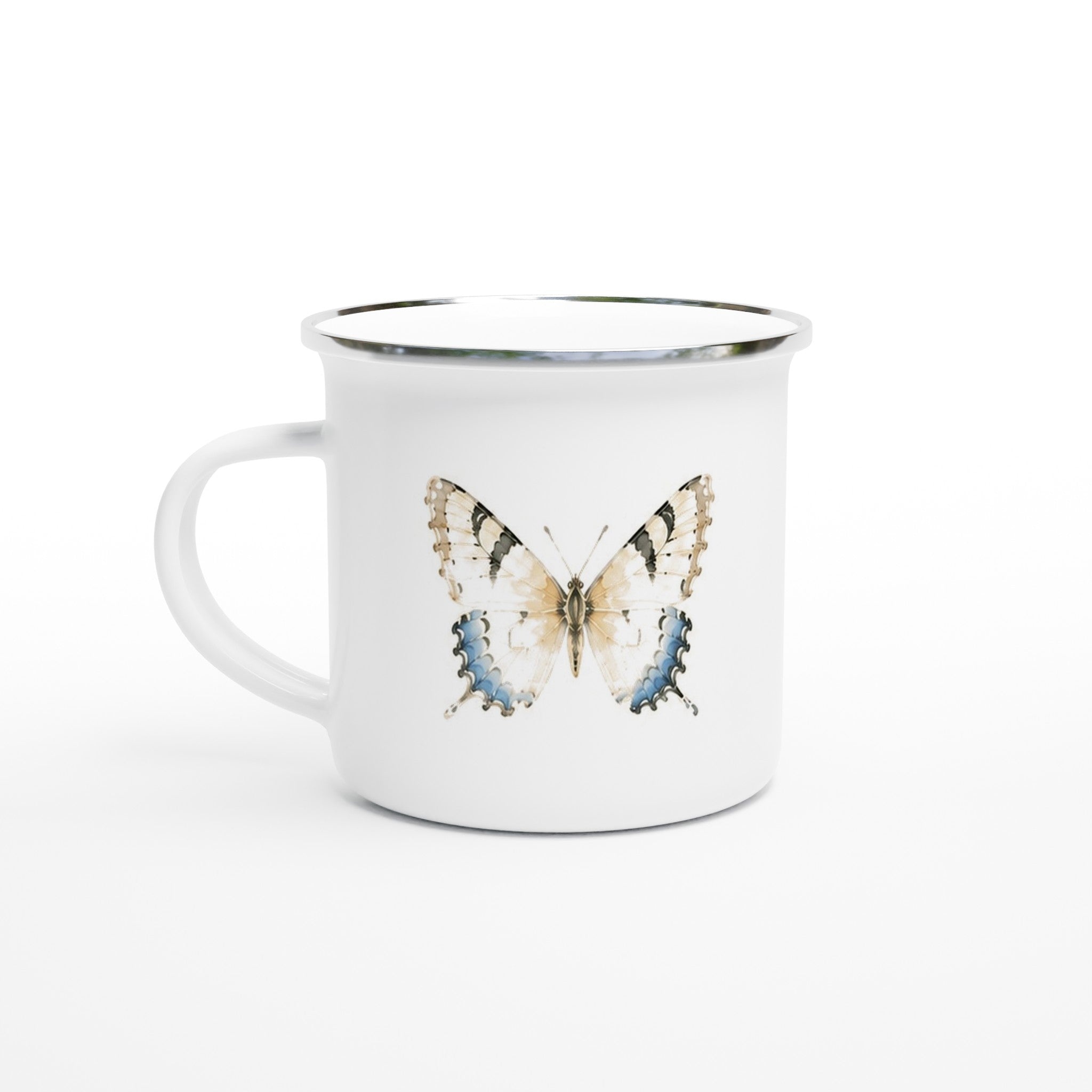 Dearworthy watercolor butterfly on a white enamel mug with a silver rim