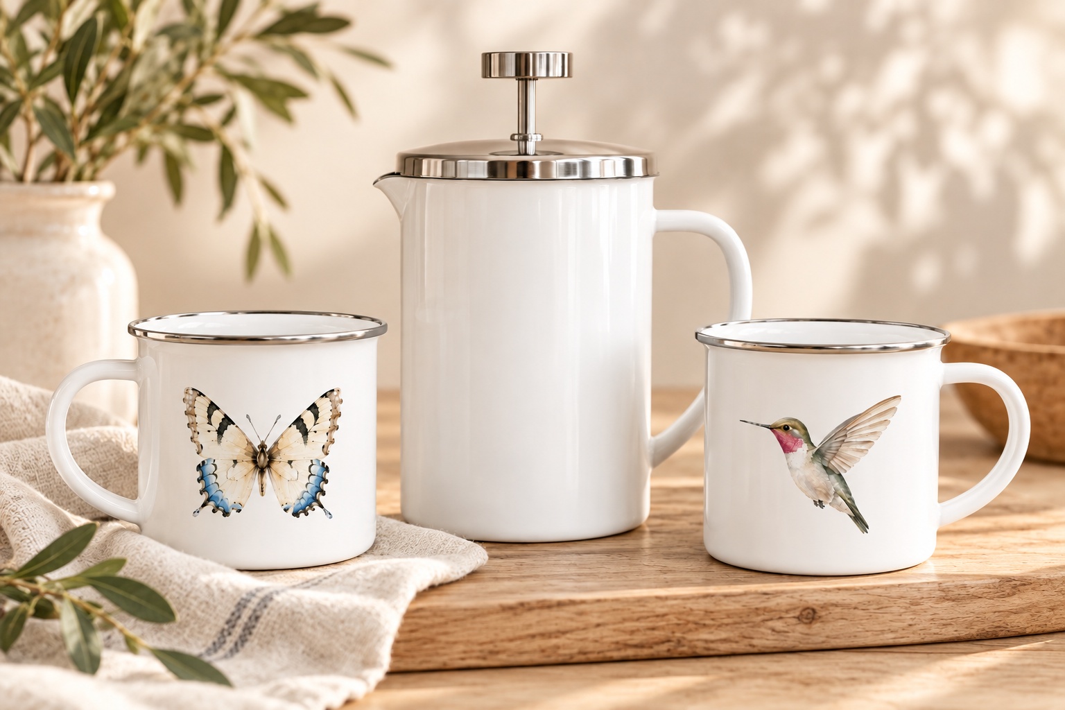 Butterfly and hummingbird mugs styled beside a coffee press