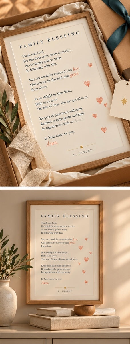 Family Blessing framed poem shown as a gift and styled on a shelf