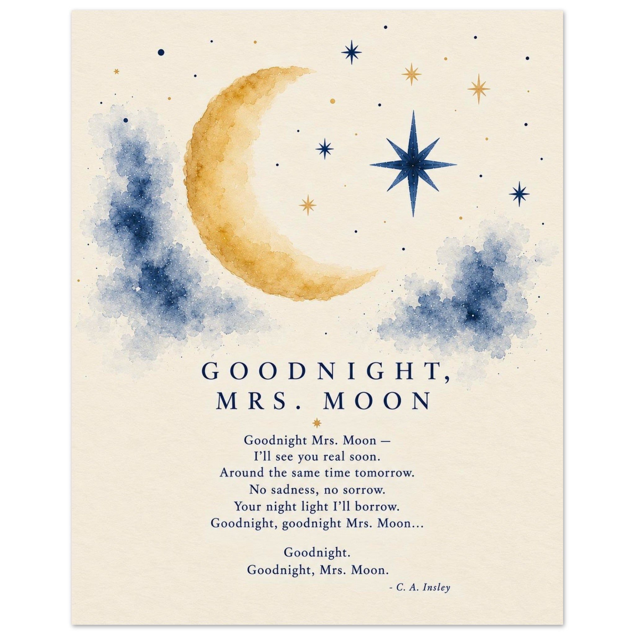 Goodnight Mrs. Moon poem by C. A. Insley with a golden crescent moon, blue clouds, and stars on cream paper