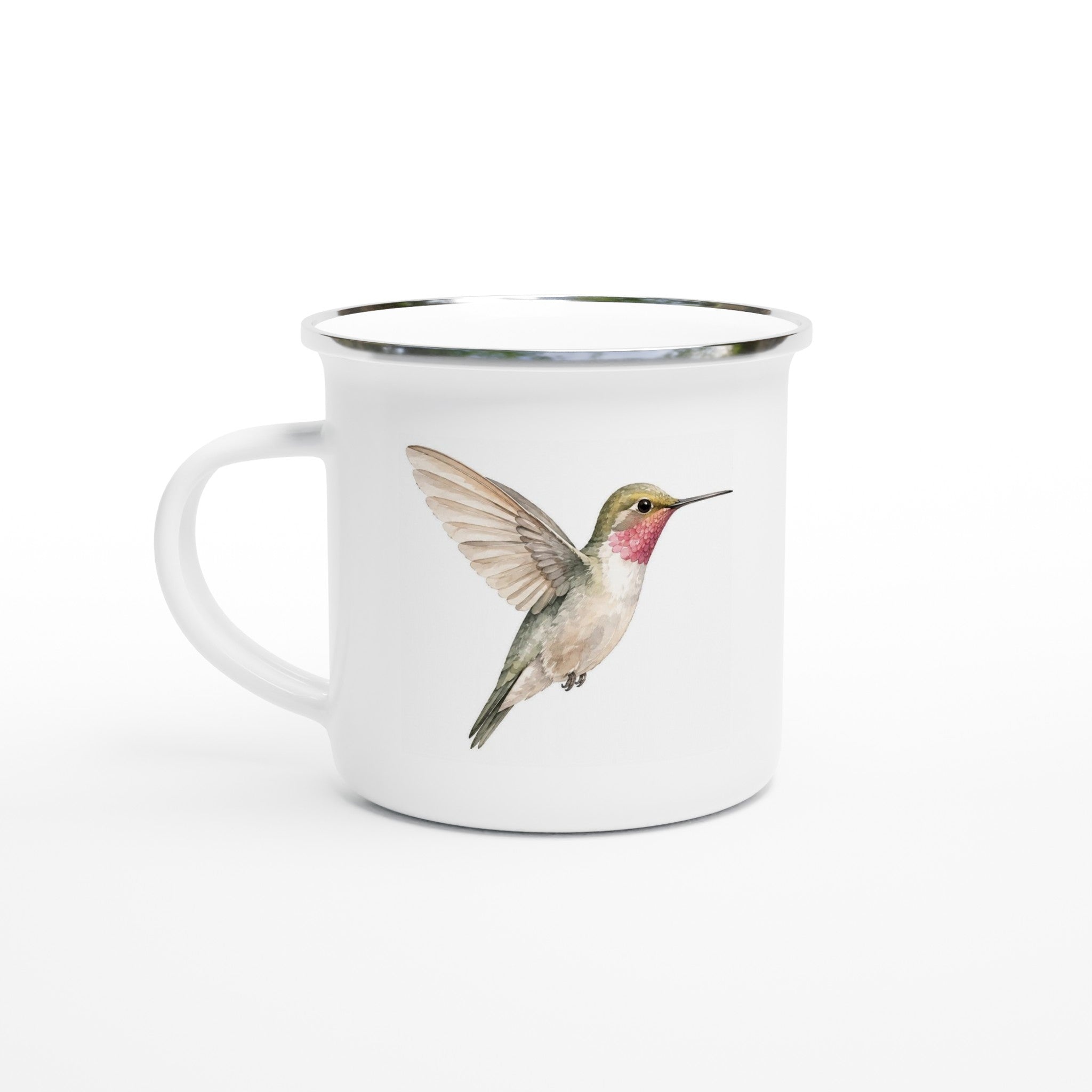 Dearworthy watercolor hummingbird on a white enamel mug with a silver rim