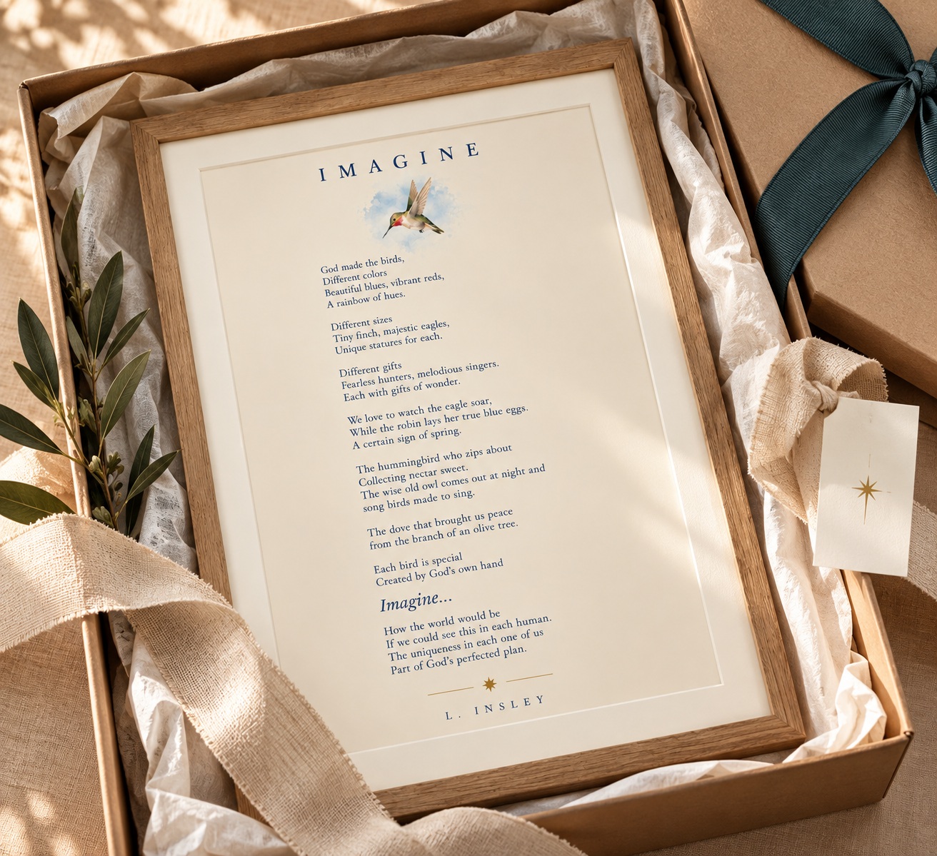 Imagine framed poem styled in a gift box with ribbon, for gifting inspiration