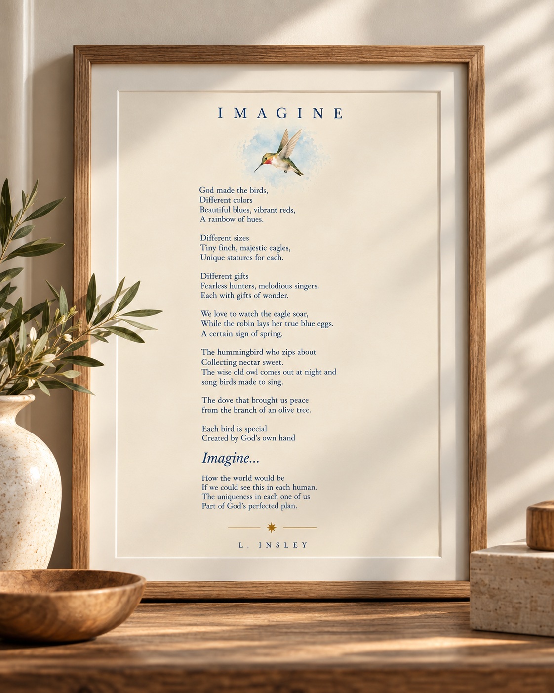 Imagine poem in an oak frame displayed on a wooden surface