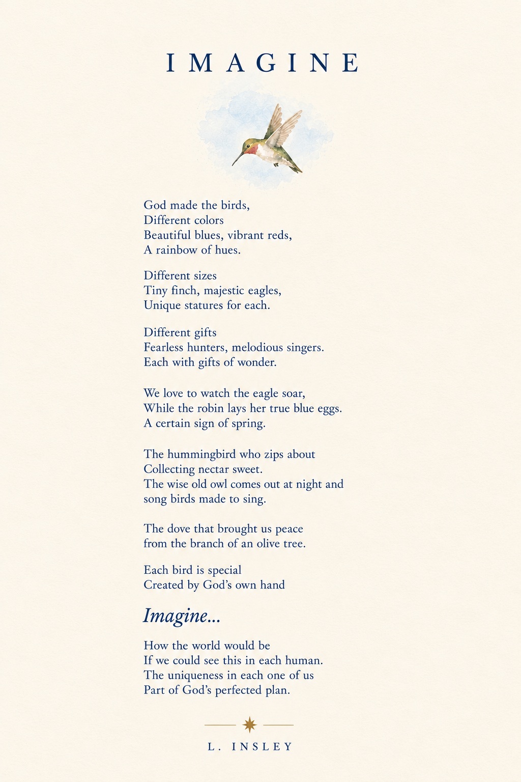 Imagine poem by L. Insley with a watercolor hummingbird on cream paper