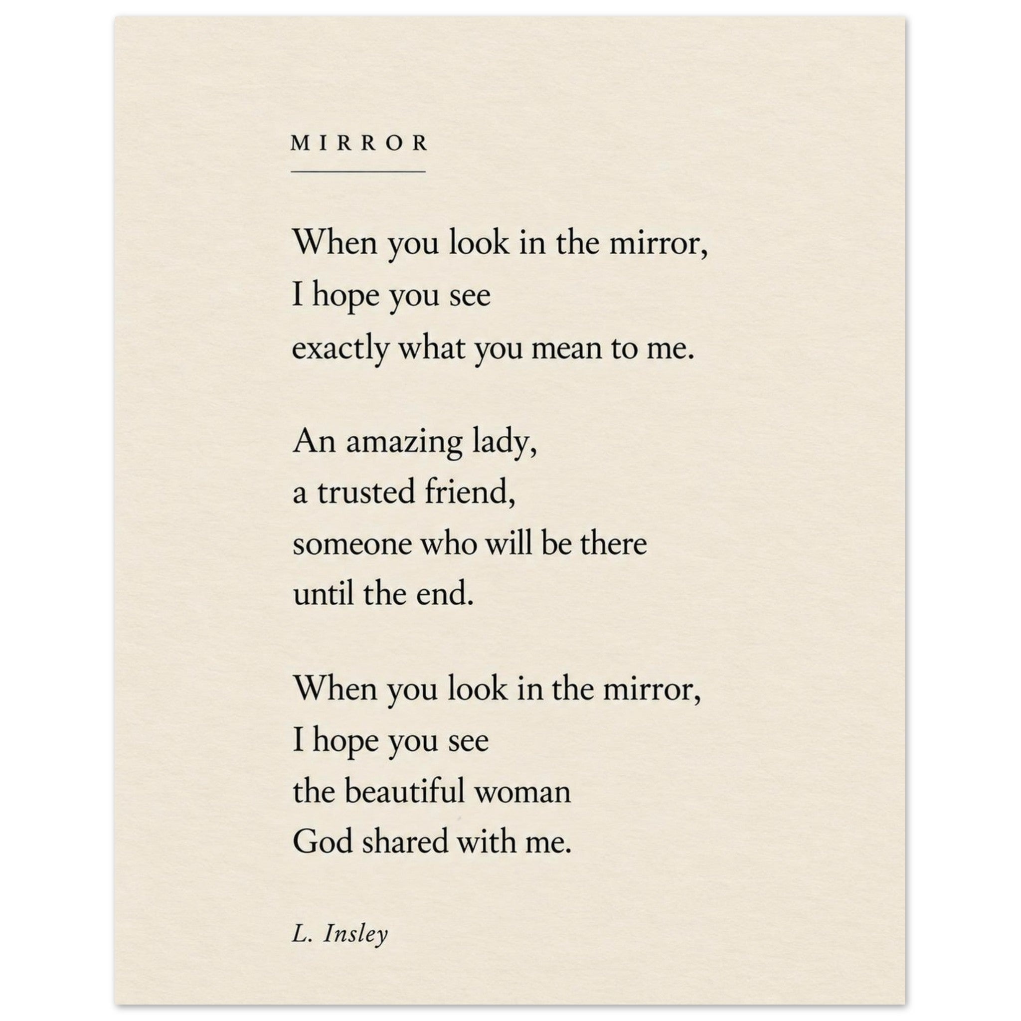 Mirror poem by L. Insley printed in black typography on cream paper