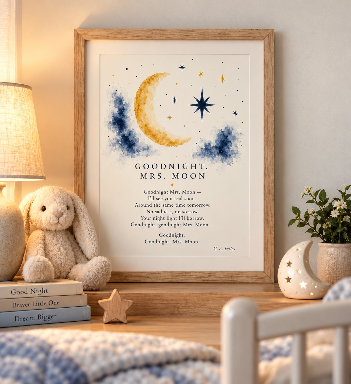 Goodnight Mrs. Moon framed poem styled in a nursery beside a lamp and toy rabbit