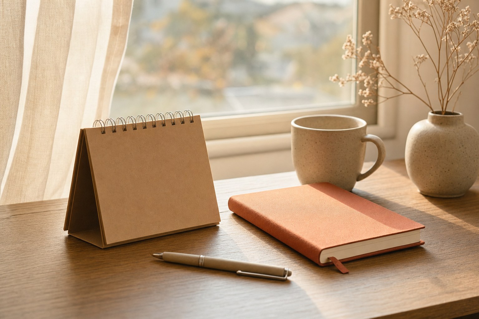 A journal, pen, and small desk calendar in a sunlit morning setting