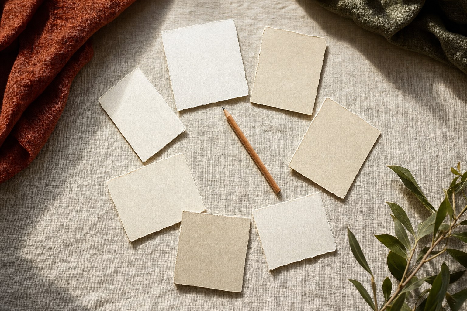 Blank paper cards arranged in a circle with a pencil on linen