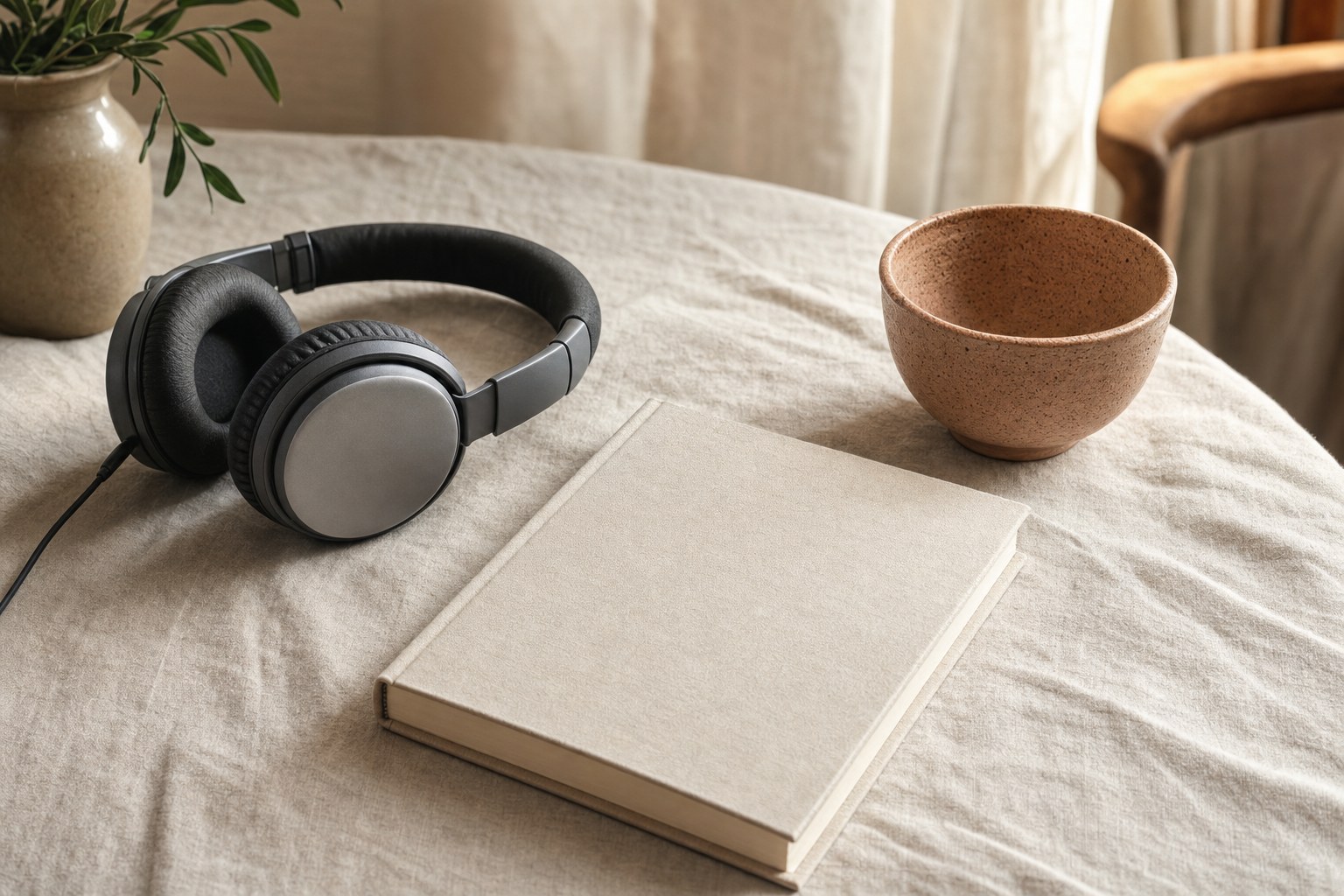 Headphones and a blank journal resting on linen in warm natural light