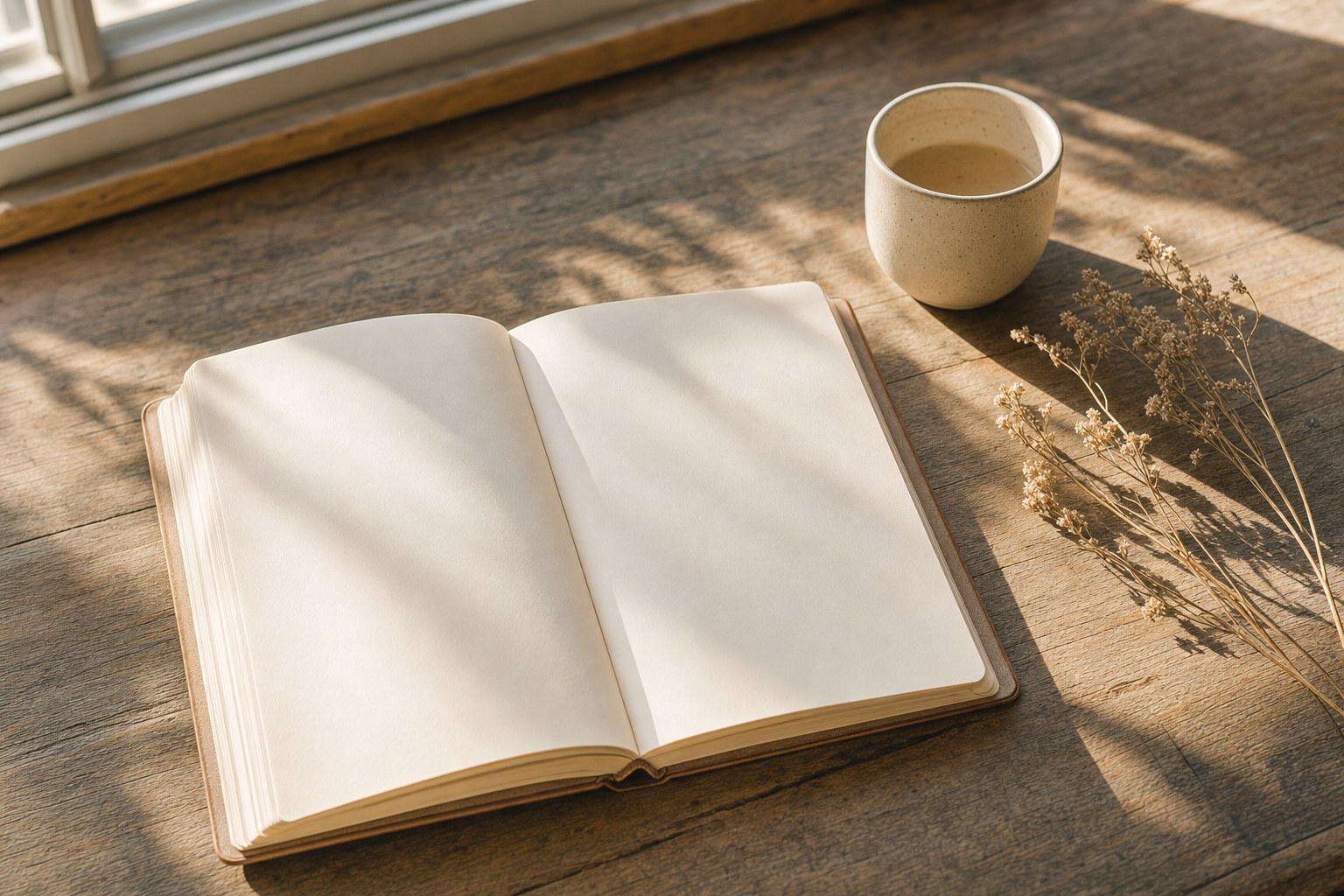 A blank journal beside a ceramic cup in warm morning light