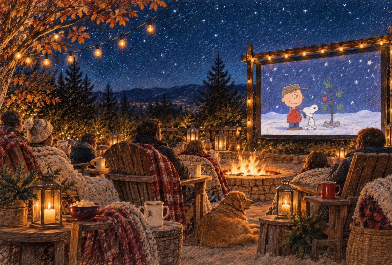 Friends and family gathered around a fire under the stars, watching Charlie Brown and Snoopy on an outdoor movie screen