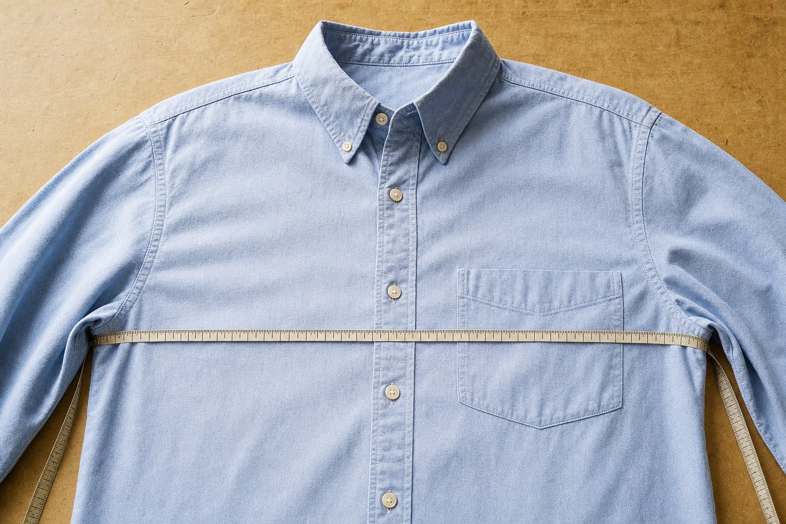 A button-down shirt measured across the chest from underarm to underarm