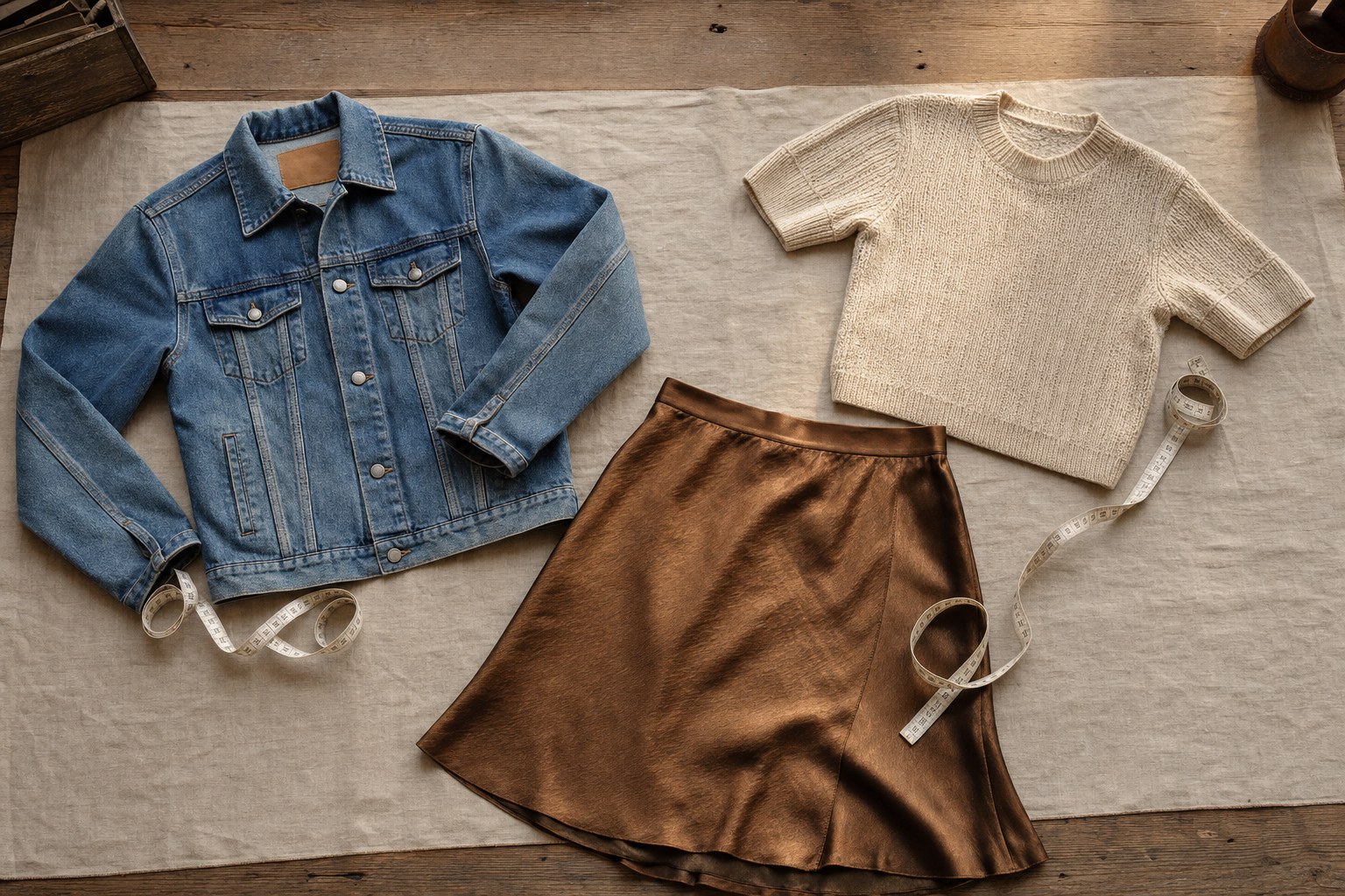 A denim jacket, knit top, and satin skirt with measuring tapes