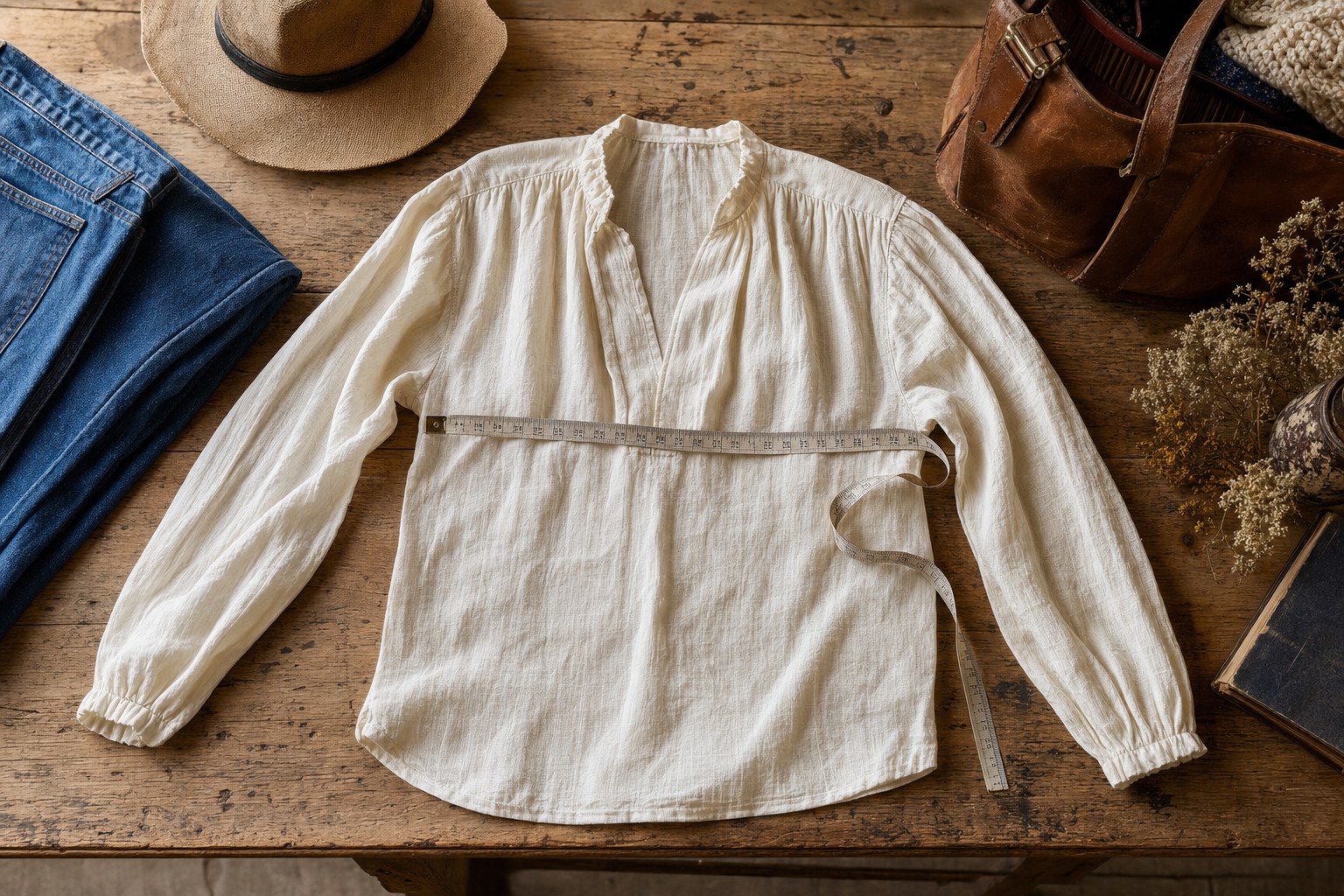 A cream blouse laid flat on a wooden table with a tape measure across the chest