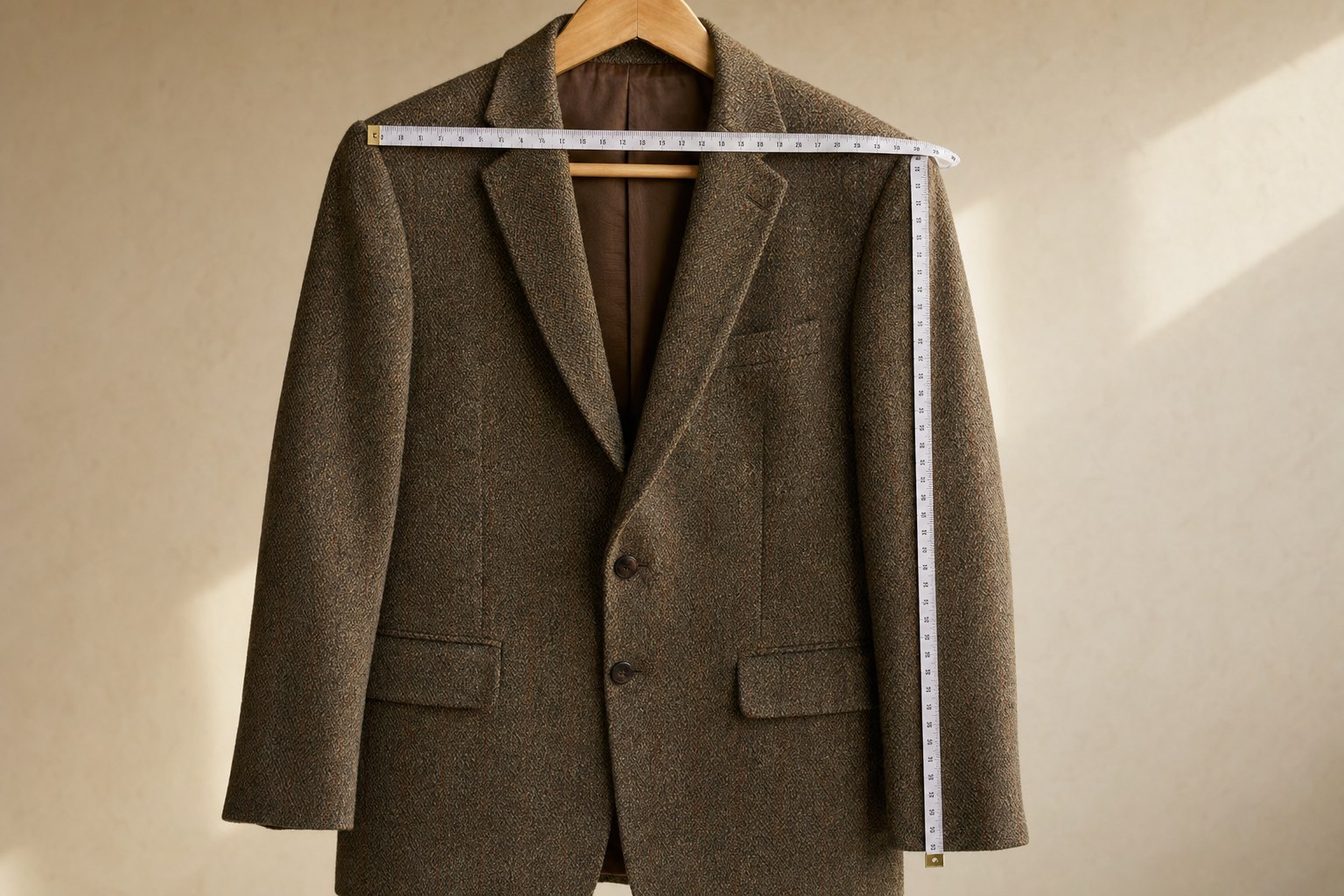A wool blazer measured across the shoulders and along the sleeve