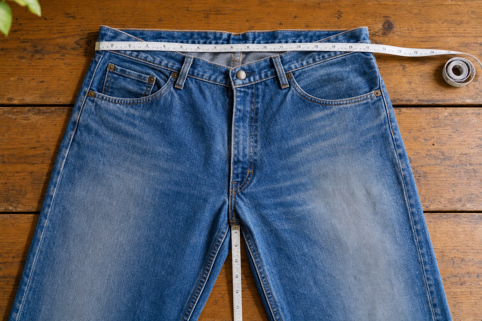 Blue jeans measured across the waistband and down the inseam
