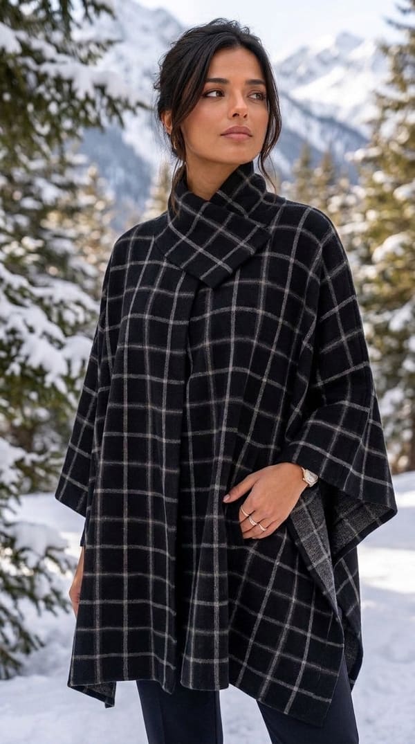 A black checked poncho with a high neck and an easy draped shape