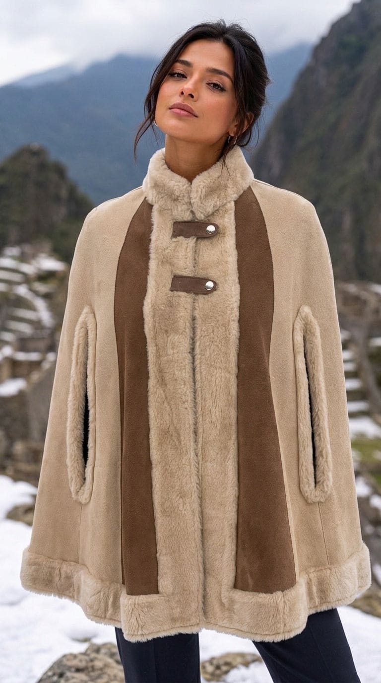 A cream fringe-trimmed poncho layered over dark denim in a mountain setting