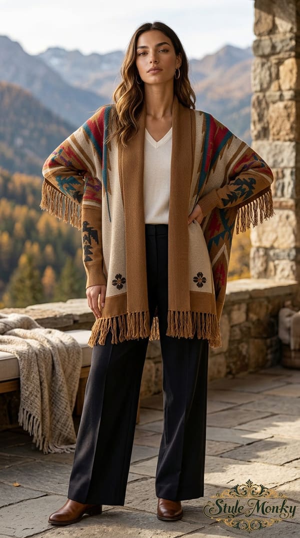 A rust, cream, and brown woven poncho styled with a light knit and dark trousers