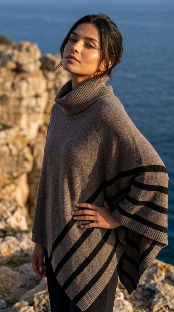 A dark striped poncho with a softly draped funnel neckline