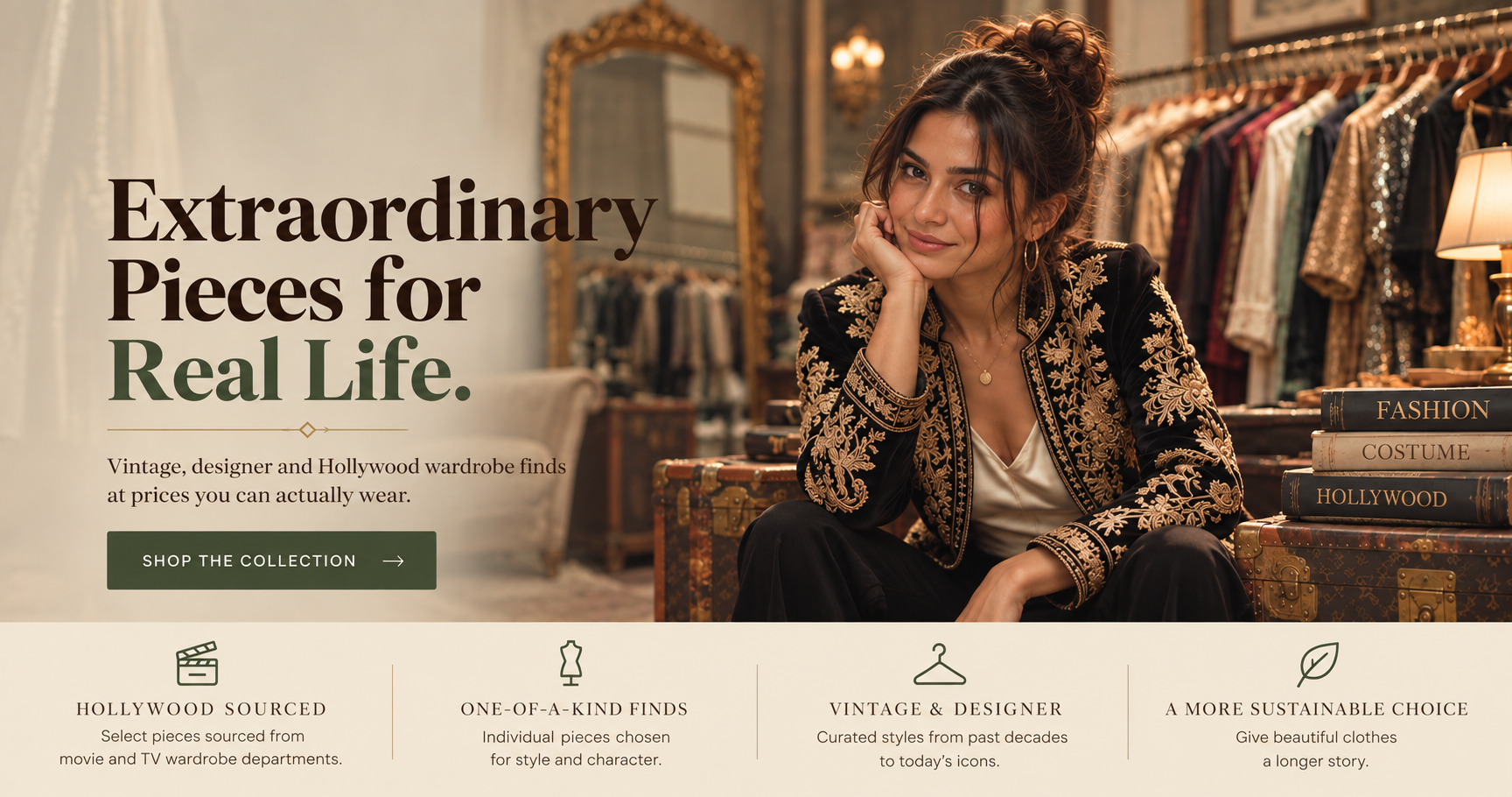 A one-of-a-kind vintage outfit in a warm, natural setting