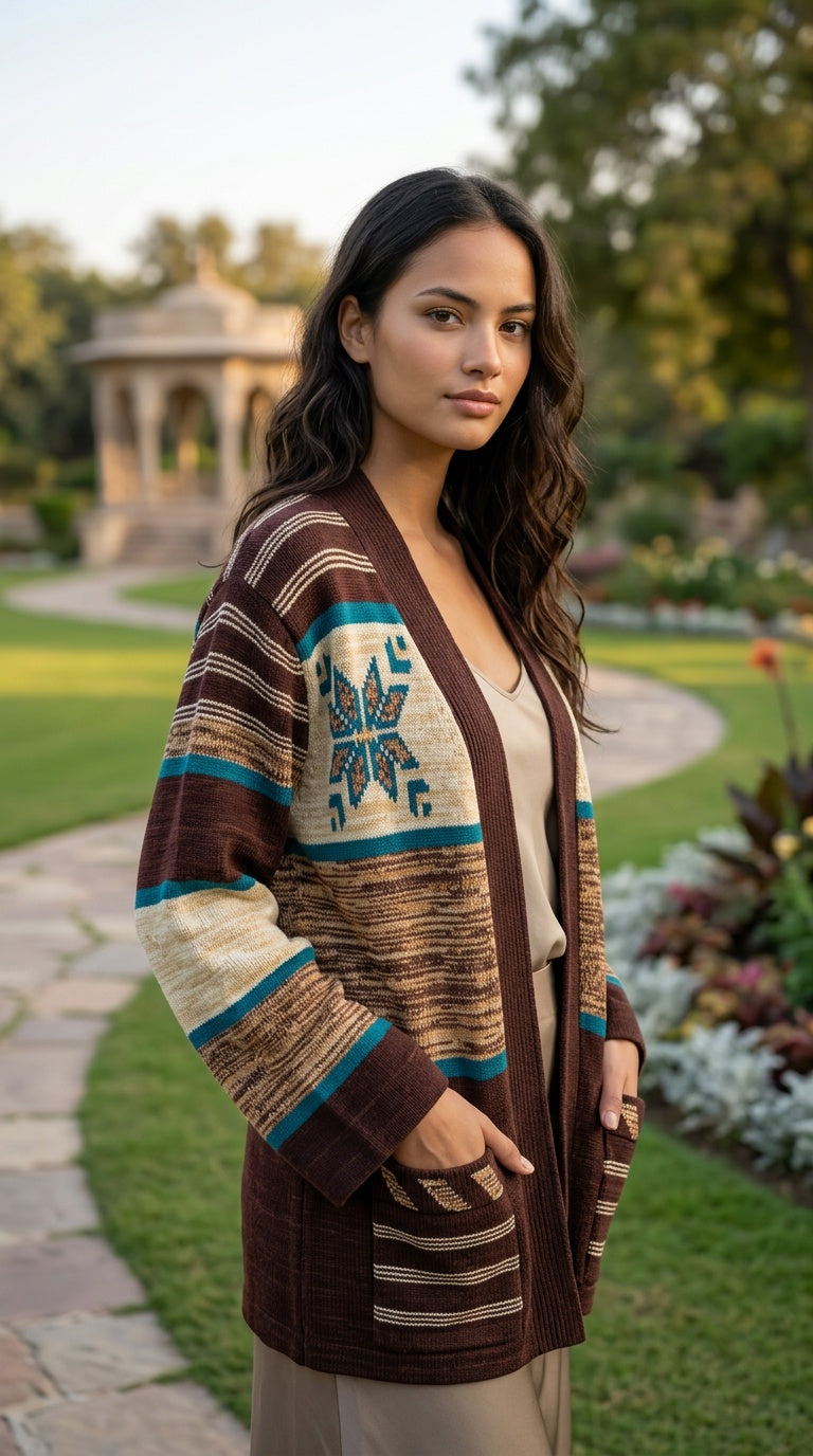 A textured vintage-style cardigan shown in a warm editorial setting