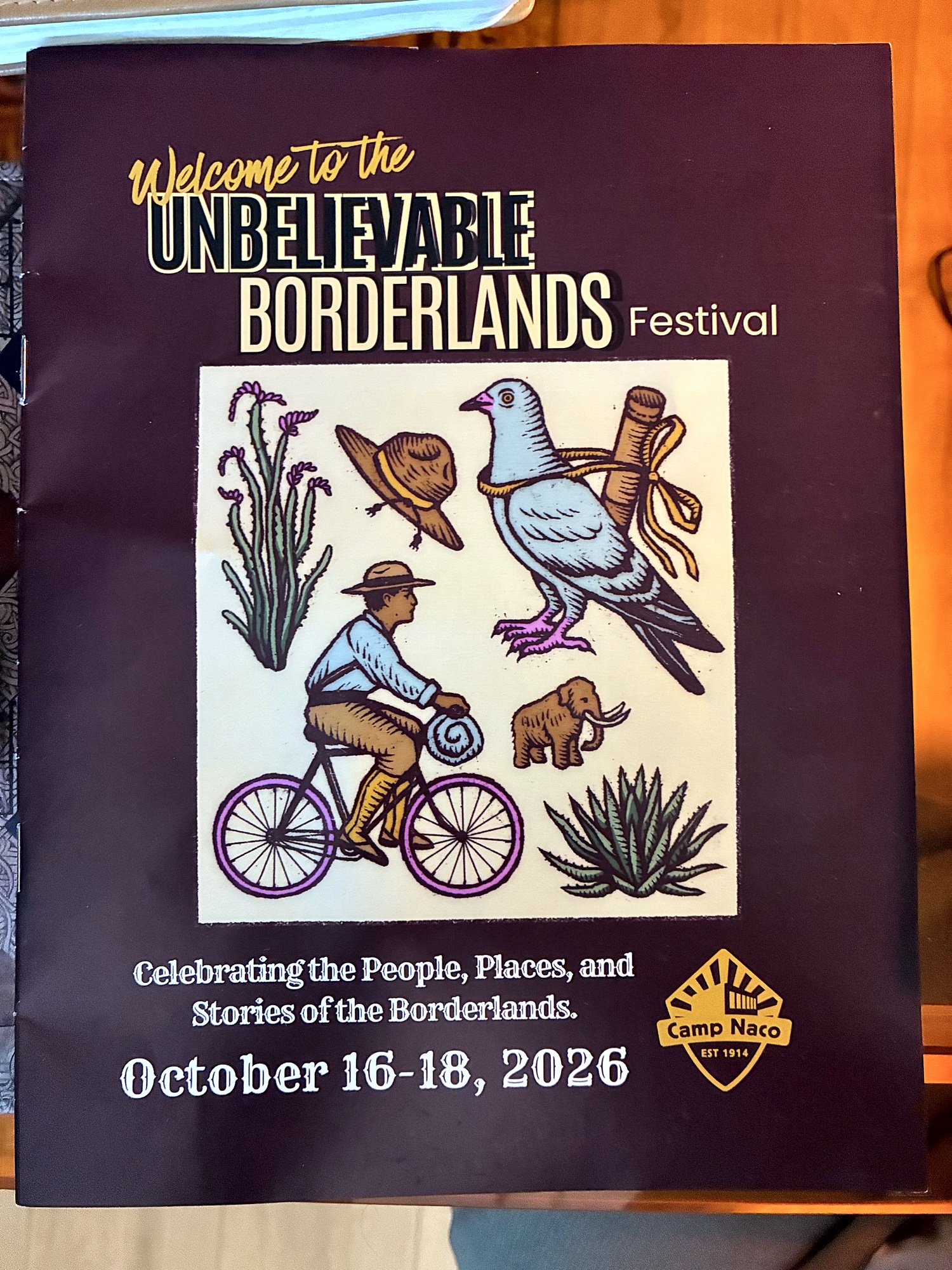 Illustrated Unbelievable Borderlands Festival program cover from Camp Naco, October 16–18, 2026