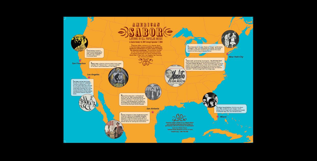 American Sabor exhibition map connecting Latino music histories across San Francisco, Los Angeles, San Antonio, Miami, and New York City