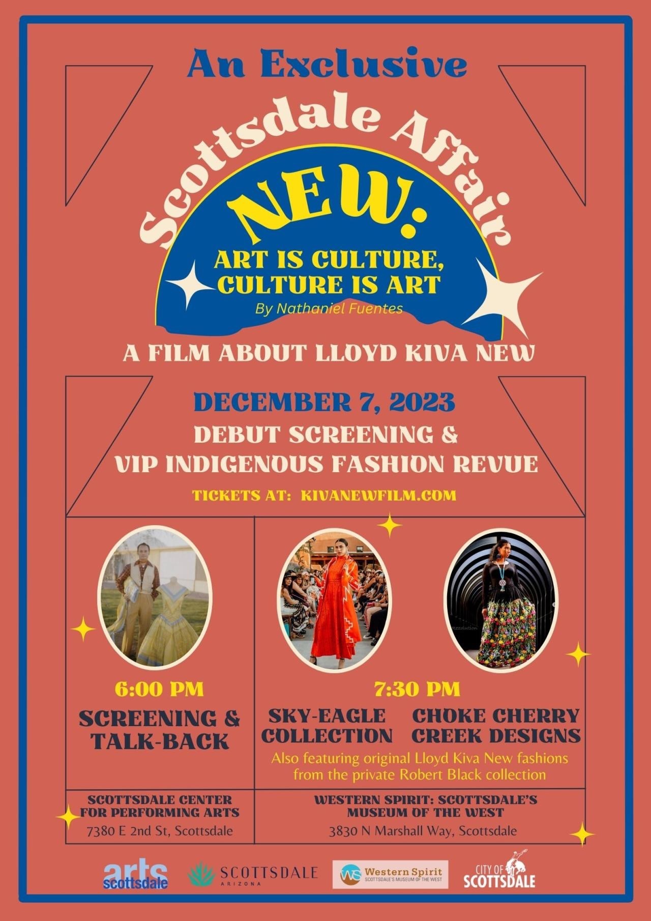 Poster for the Lloyd Kiva New film screening and VIP Indigenous fashion revue in Scottsdale