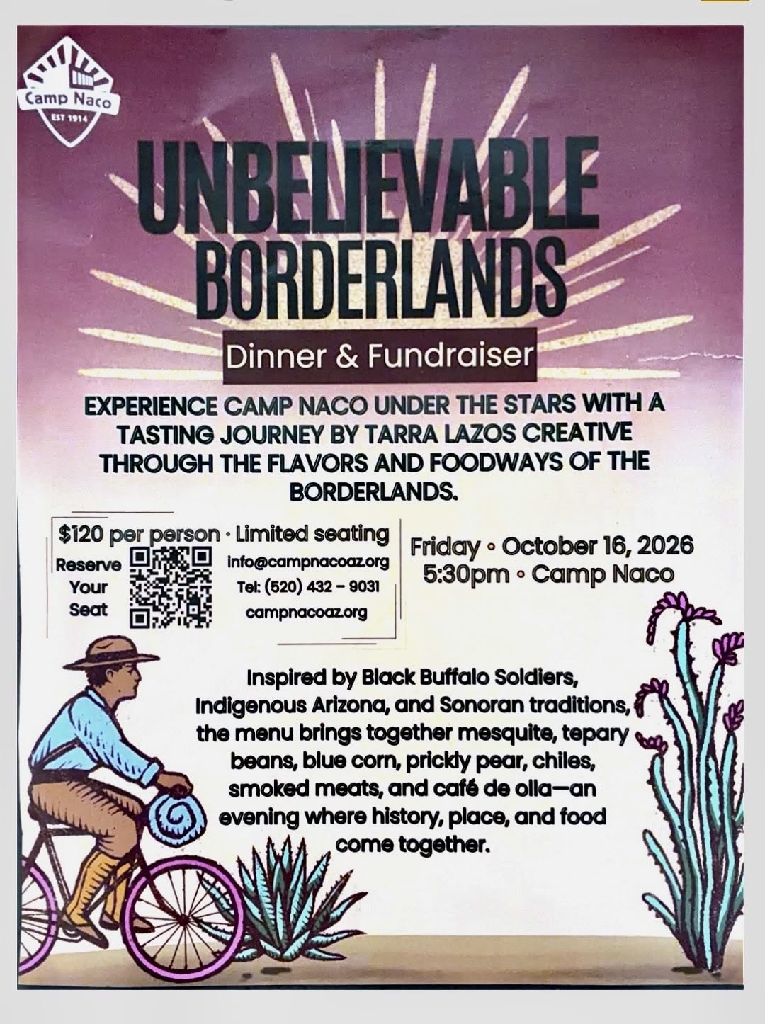 Camp Naco Unbelievable Borderlands dinner and fundraiser poster, featuring a tasting journey by Tarra Lazos Creative on October 16, 2026
