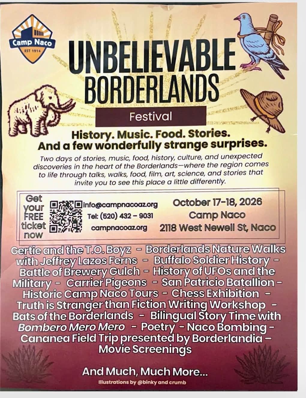 Camp Naco Unbelievable Borderlands festival poster, with a Borderlands nature walk led by Jeffrey Lazos Ferns on October 17, 2026
