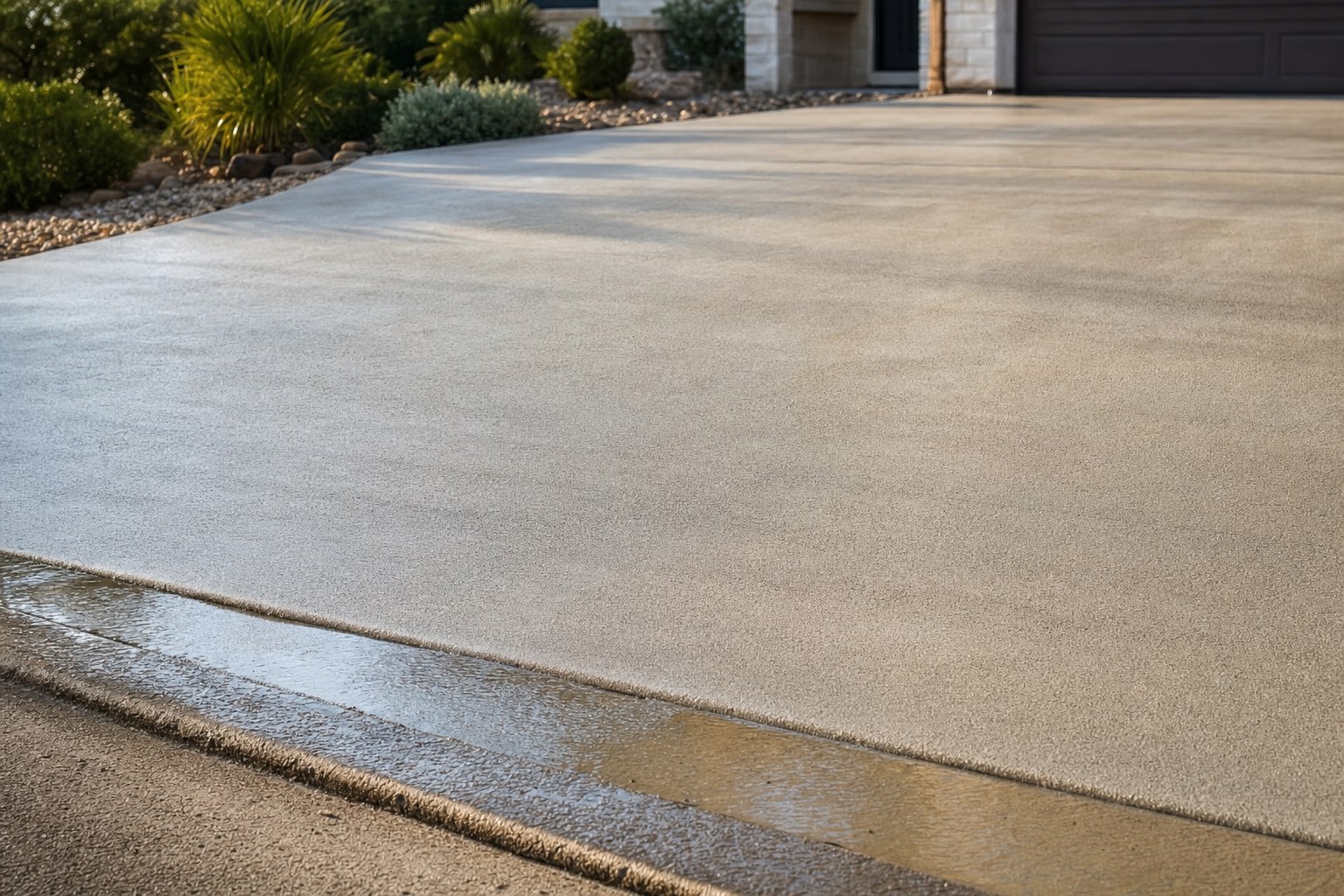 Freshly rinsed residential concrete driveway drying with natural shade variation
