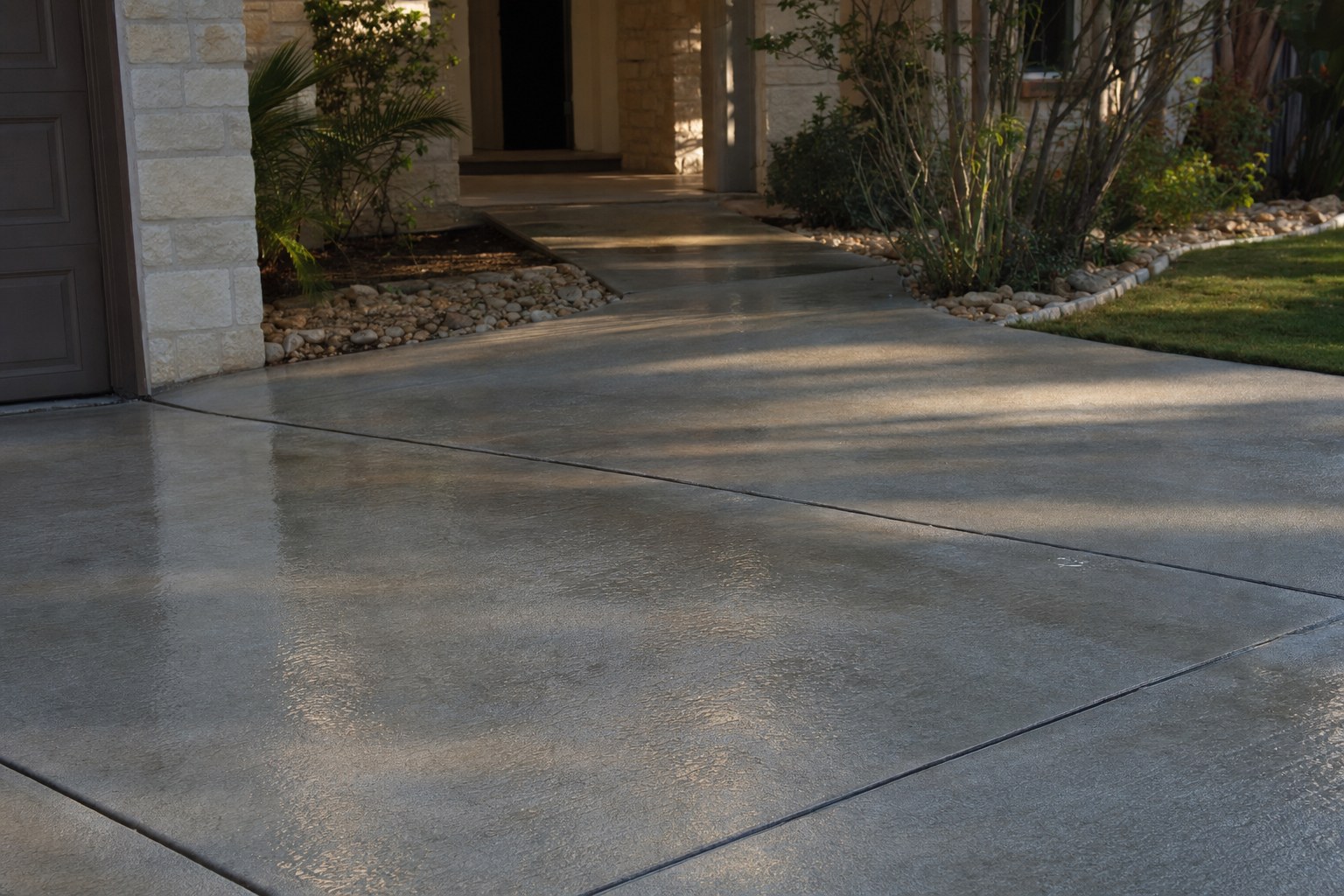 Freshly rinsed concrete driveway and front walkway at a South Texas home