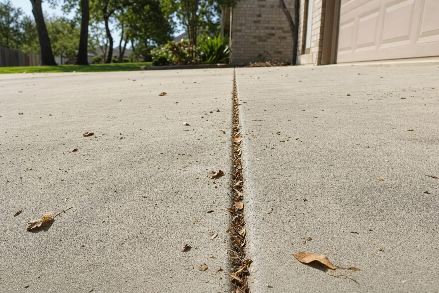 Dry leaves and everyday debris settled in a concrete driveway expansion joint