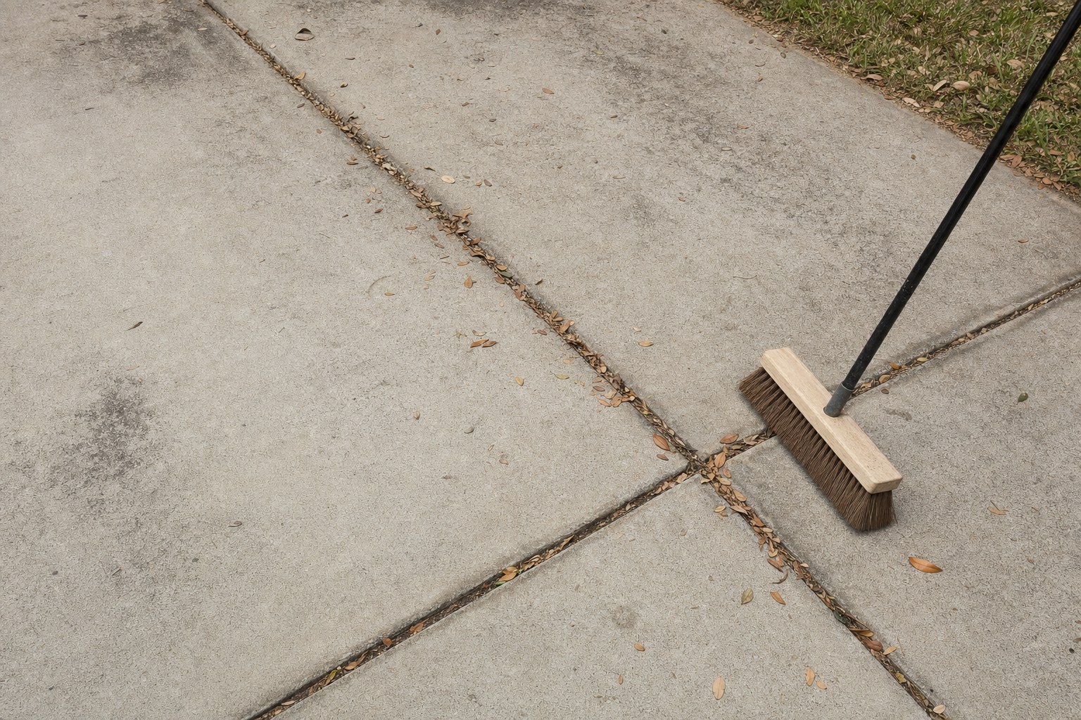 Residential concrete driveway with leaves in the expansion joints and a broom ready for cleanup