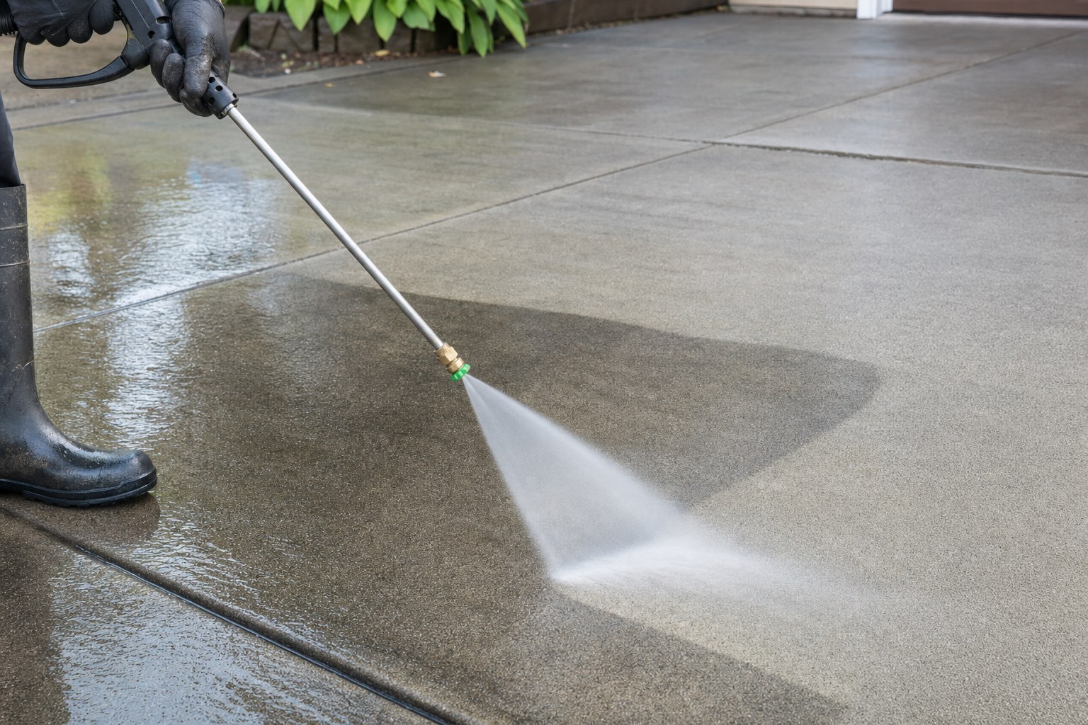 Wide fan pressure-washer nozzle making an even pass over residential concrete