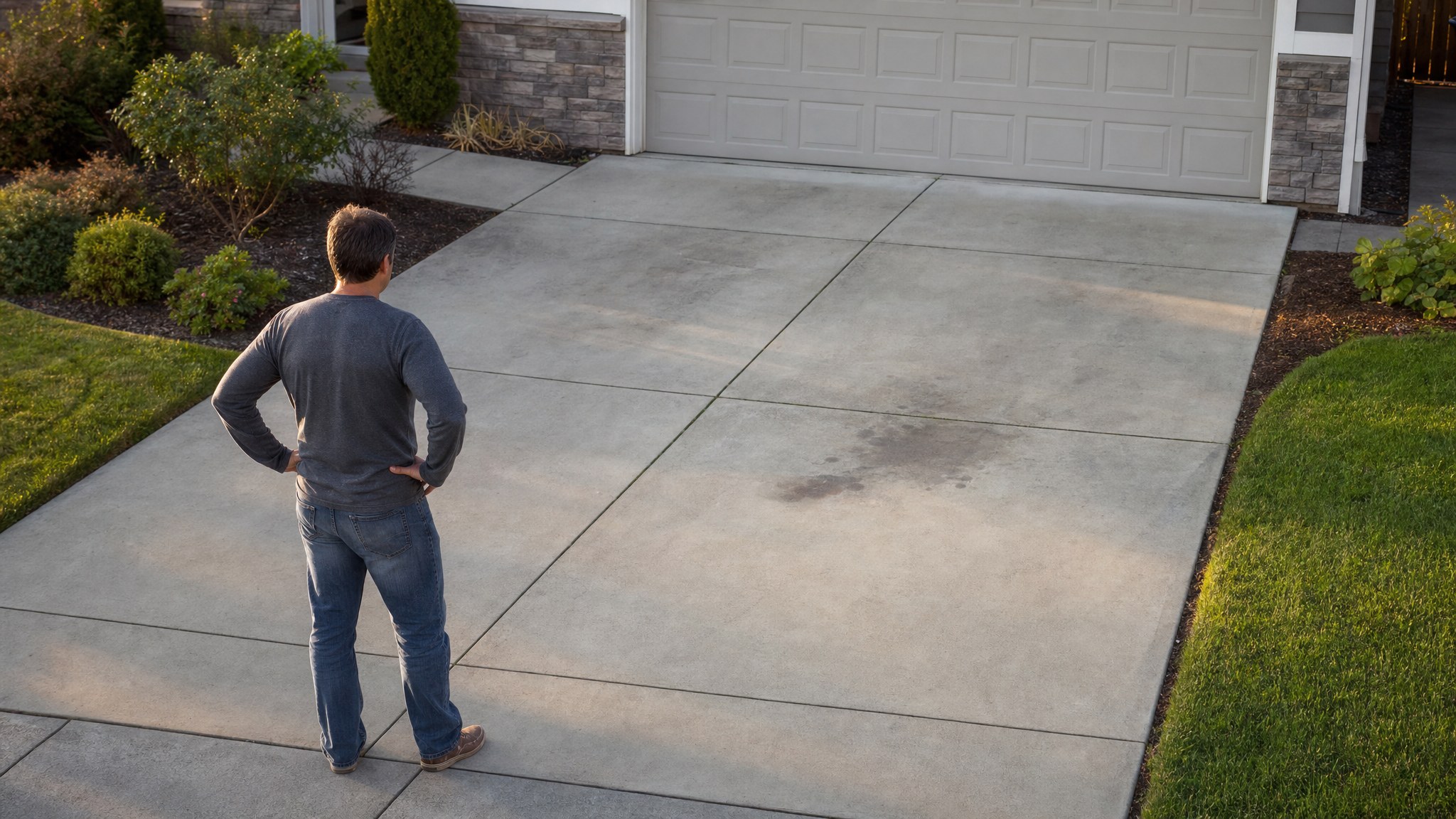 Homeowner assessing a faint older oil stain on a clean concrete driveway