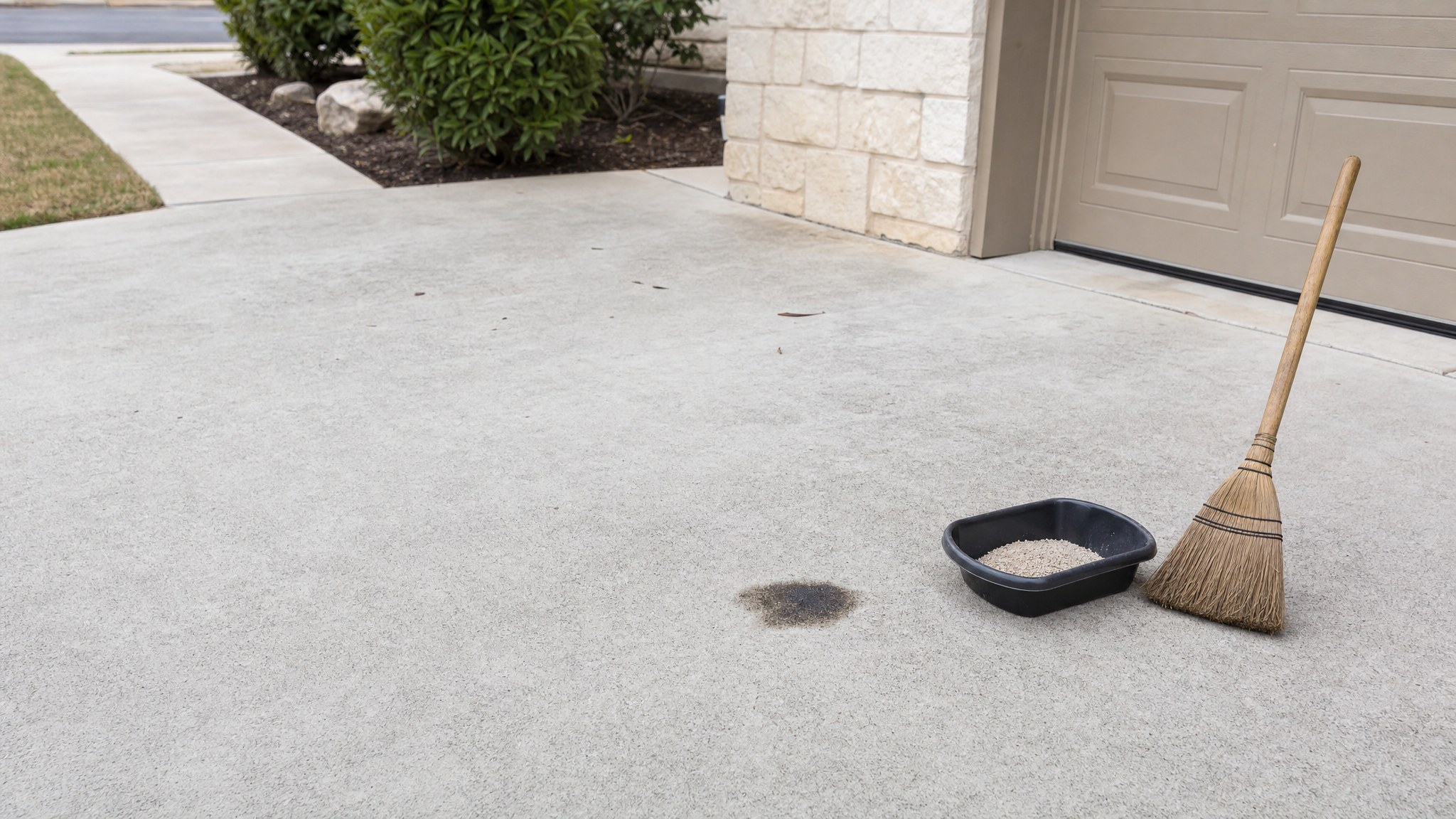 Small oil stain on a clean residential concrete driveway beside a broom and absorbent material
